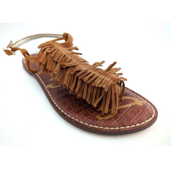 Womens Sam Edelman Gela-Brown Suede Fringe Sandals Flat Thongs Boho - Sz 9.5 - Picture 1 of 6